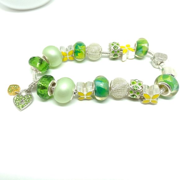 Green, Yellow, Blue  Large Glass Bead Snake Chain Bracelet - Picture 6 of 9